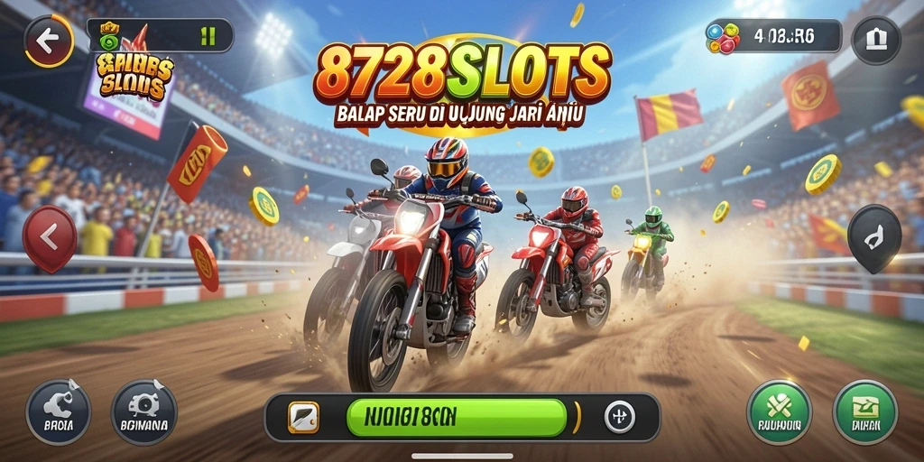 Tampilan menarik dari gameplay balap 8728SLOTS yang mendebarkan.