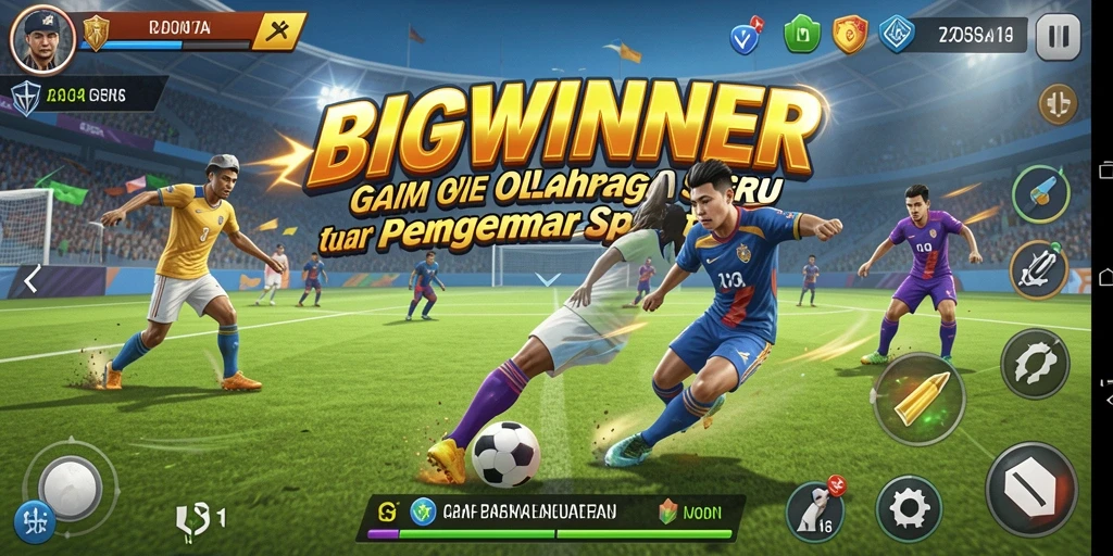 Screenshot gameplay BIGWINNER menampilkan pertandingan olahraga yang mendebarkan.