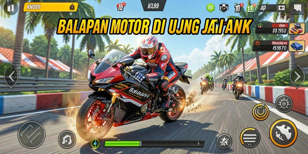 Screenshot gameplay KNO89 menunjukkan aksi balapan motor yang mendebarkan.