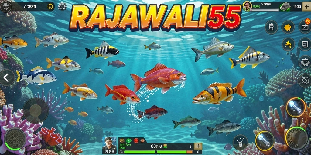 Screenshot utama RAJAWALI55 menampilkan aksi menembak ikan yang seru.