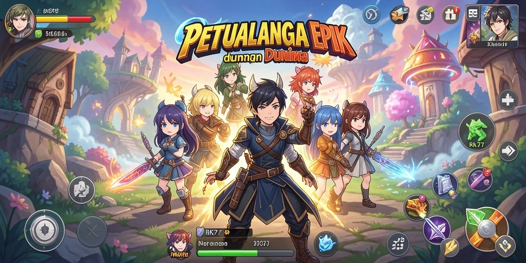 Tampilan utama gameplay RK77 yang menampilkan pertarungan karakter anime.