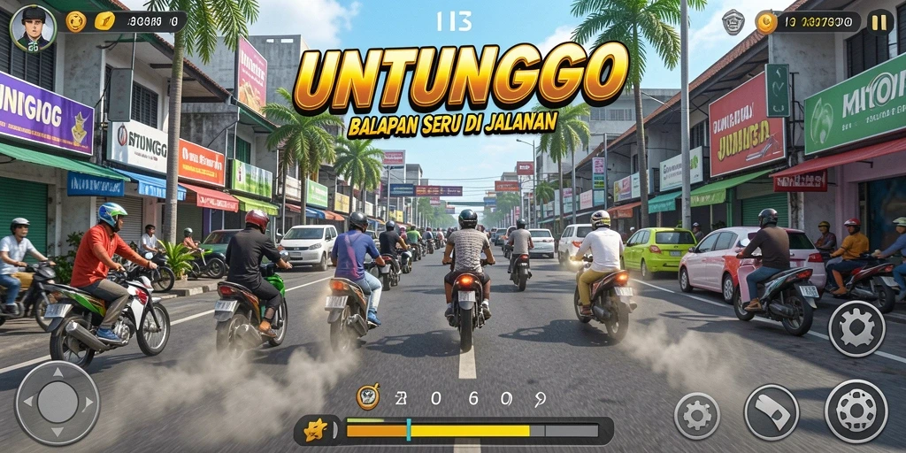 Tampilan gameplay balapan yang mendebarkan di UNTUNGGO dengan mobil yang melaju cepat.